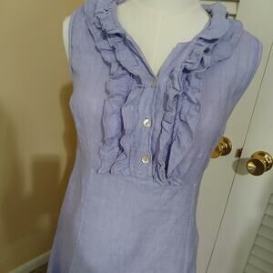100% Italian Linen Periwinkle Sleeveless Ruffled-Button-Up-V Neck Pockets collar